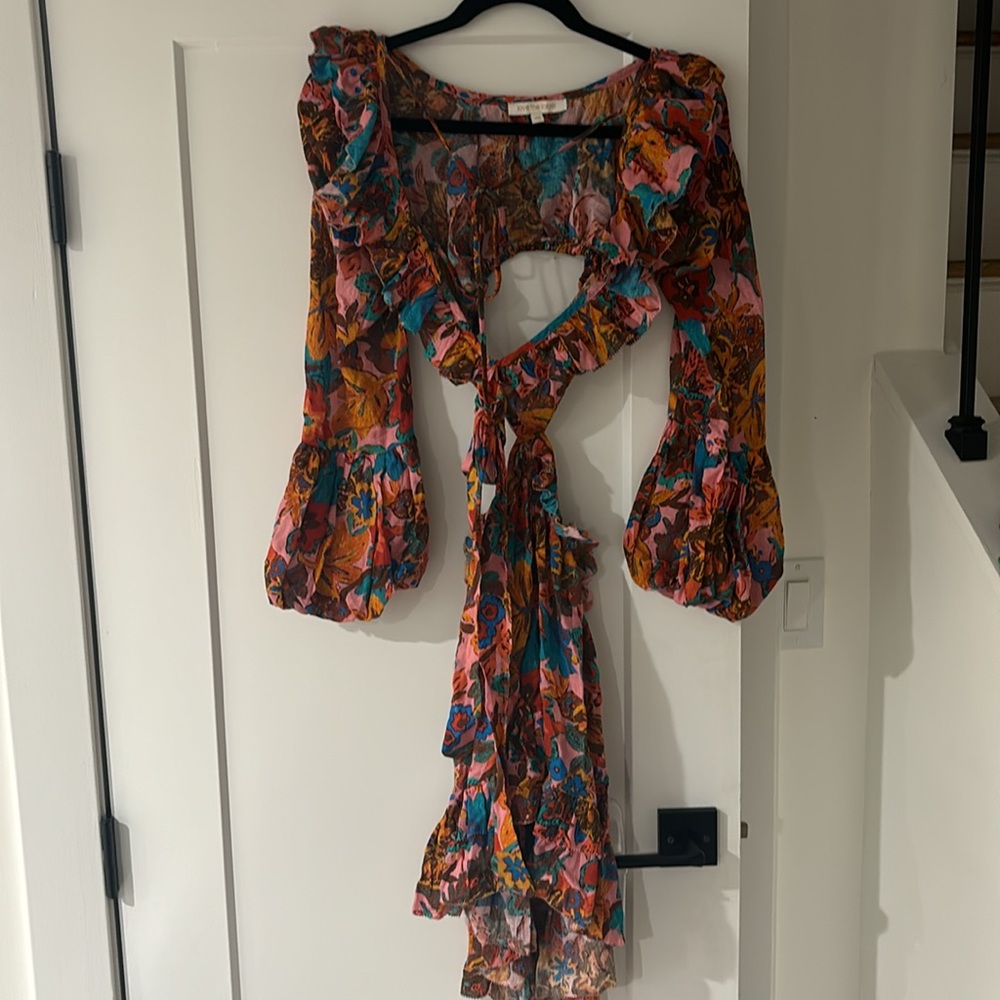 Red and Blue Ruffled Tiered Sundress with Plunge Neckline - Picture 3 of 4